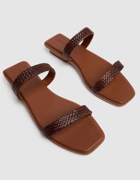 Bembien Brown Woven Leather Square Toe Slide Sandals